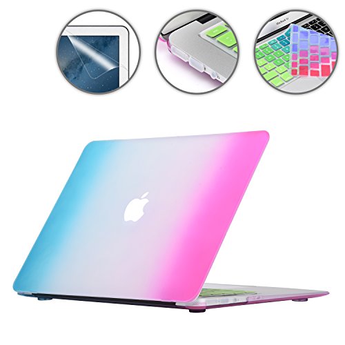 i-Buy Matte Gummierte Harte Schutzhülle Hülle für Apple Macbook Air 13.3 Zoll + Schutzfolie + Silikon Tastaturschutz + Anti-Staub-Stecker - Regenbogen