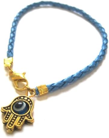 Gold Hamsa Hand Kabbalah Blue Leather Thread String Bracelet Evil Eye