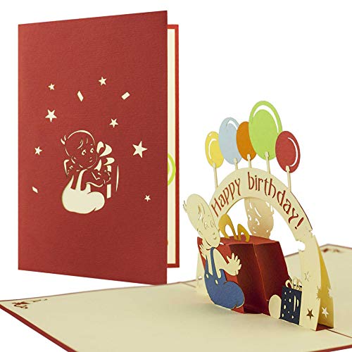 G06 Tarjeta de felicitación para cumpleaños niños de alta calidad hecho a mano disegno 3D desplecable con globos de colores y texto en inglés