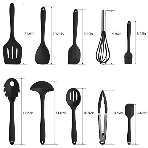 10 Küchenutensilien aus Silikon Sets, Home cookingtools enthält Backen Spoonula, Pinsel, Schneebesen, klein und groß Pfannenwender, Schöpflöffel, Schlitz Turner & Löffel, Zange, Pasta Gabel (Schwarz) - 3