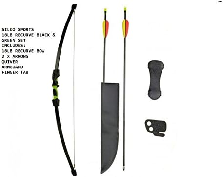 SILCO Child Kids Black &amp; Green Recurve Archery Bow 18Lbs Package - Extra Arrows &amp; Targets