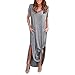 Produktbild Longra Damen Casual Sommerkleid Strandkleid Elegant Kurzarm Lang Kleid Freizeit und Tourismus-Resort Kleider Damen V-Ausschnitt Urlaub Kleid mit Baumwolle Lose Abendkleid Maxikleider (Gray, L)