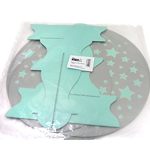 Muffinständer Frau Wundervoll aus festem Karton im Wendedesign – Seite 1 grau, türkise Sterne / Seite 2 grau-türkise Streifen – Etagere / Cupcakeständer - 9