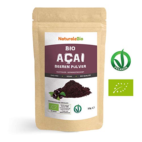 Açaí Beeren Pulver Bio [ Gefriergetrocknet ] 50g | Pure Organic Acai Berry Powder ( Freeze-Dried ) | 100% aus Brasilien, Getrocknet, Rohkost und Extrakt aus Pulp der Acai-Beeren Frucht | NATURALEBIO