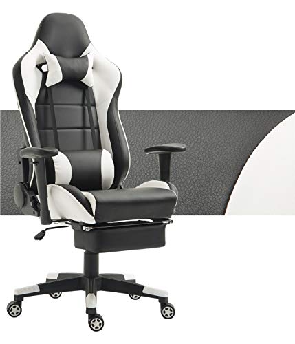 Tiigo Racing Silla Gaming Silla Ergonómica Silla de PC Gamer con reposapiés Ajuste reposacabezas (Negro/Blanco)