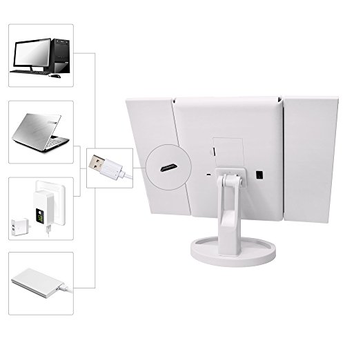Dimmbare Tri-Fold Make-up-Spiegel mit 21 LED-Leuchten 180° frei drehbare Arbeitsplatte 1X & 2X & 3X Vergrößerungs-Kosmetikspiegel für Travel Home Badezimmer USB-oder batteriebetrieben(Weiß) - 3