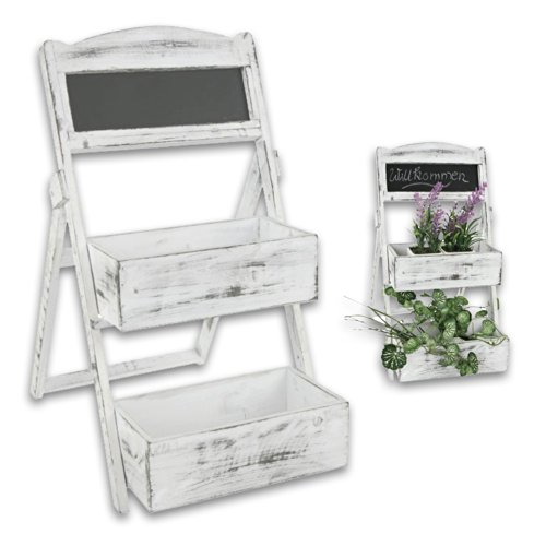 Holz Etagere oder Pflanztreppe mit Tafel Modell "Chalet" in weiß gekalkt