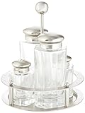 Diseñador : Ancho de Michael Graves : 20 cl Diámetro : 16,2 cm Dimensiones: h 19.4 cm Set de condimentos : aceite, vinagre , sal , vidrio pulido y reluciente acero inoxidable pimienta.