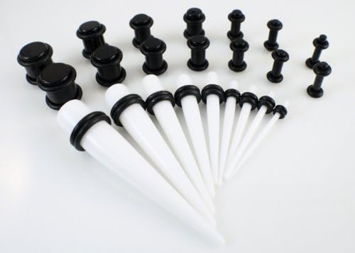 9 Pc White Ear Expander (1.6mm - 10mm)(14G-00G) &amp; 14 Pc BLACK Ear Plug (2.4mm - 10mm)(10G-00G) Kit Gauges Taper Set UV Acrylic Ear Stretching Set