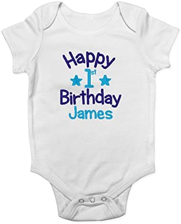 Personalised Embroidered with any Name 1st Birthday Boys and Girls Baby Bodysuit Vest (9-12 Months, Blue Star 2)