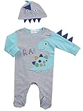 Babytown Baby Boys Dinosaur Dino Babygrow Newborn 2 Pk Sleepsuit Hat Gift Set (GREY NB 17C221)