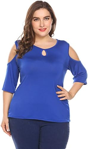 ZEARO Women Plus Size Keyhole Cold Shoulder 3/4 Sleeve Comfy T-Shirt Top