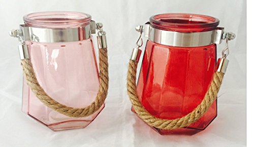Windlicht Teelichthalter rosa oder rot 2 Farben zur AUSWAHL 14 cm hoch aus Glas mit Kordel • Teelichthalter Gartendekoration Gartendeko (Auswahl Farbe ROSA) - 2