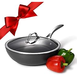 ProCook Professional Anodised - Wok pour Induction - Revêtement Antiadhésif sans PFOA - Couvercle Verre Trempé - Manche Ergonomique en INOX Isolant - 28 cm
