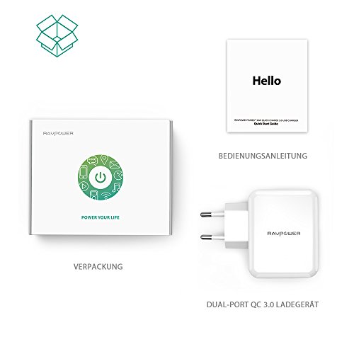 RAVPower USB Ladeger  t Schnelle Ladefunktion 30 W 2-Port Ladeadapter mit QC 3 0     bis zu 4X schnellere Aufladung f  r Galaxy S7 Edge  HTC One A9  N
