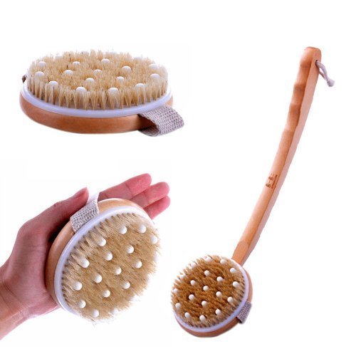Monkeybrother Natural Wood Back Scrub Massage Tool Shower Brush with Detachable Long Handle for Spa Body Bath