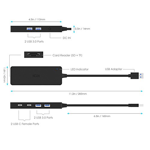 ICZI USB 3.0 HUB, mit 4x USB 3.0 port, 2x USB C port und 2x kartenleser, vernickelt Steckers und Buchsen, mehr dünn, Schwarz - 3