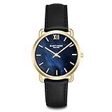 Eastside Pearl Damenuhr gelbgold Echtleder schwarz mit Zifferblatt Perlmutt 3 ATM - Quarzuhr mit Lederarmband Ziffernblatt dunkelblau