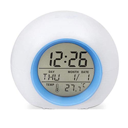 YUES Reloj Despertador Digital para niños con Calendario y termómetro, 7 Colores Cambio de luz con Control táctil Junto a la Cama (Azul)