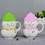 Satyam Kraft Ceramic Snowman Mug with Lid Cover, 300 ml (Random Colour) - Set of 2