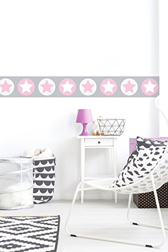 lovely label Bordüre selbstklebend STERNE GRAU/ROSA – Wandbordüre Kinderzimmer / Babyzimmer mit Sternen in versch. Farben – Wandtattoo Schlafzimmer Mädchen & Junge, Wanddeko Baby / Kinder - 2
