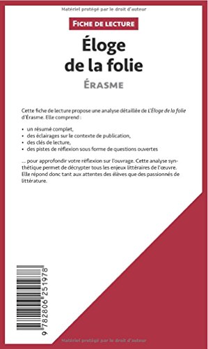 Livres Couvertures de Éloge de la folie d'Érasme (Fiche de lecture): Résumé Complet Et Analyse Détaillée De L'oeuvre
