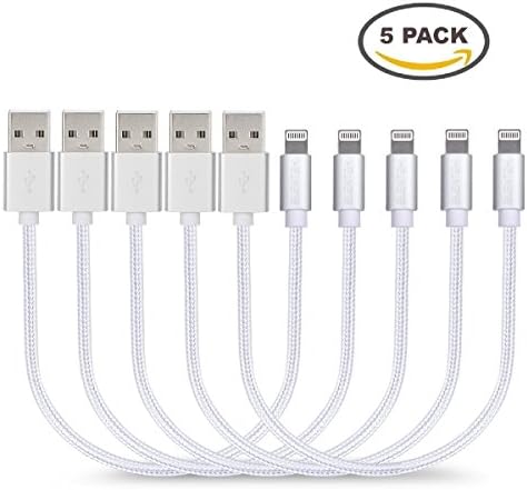 Short Lightning Cables [5 Pack 8 inches] BUENTEK Nylon Braided Lightning to USB Cable Sturdy Charging Cord for iPhone X,iPhone 8,iPhone 7, iPhone 6, iPad, iPod and other Apple devices - Silver