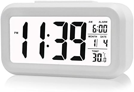 Myhonour Automatic Night Glow Smart Light-activated Sensor Bedside Digital Snooze Alarm Clock with Date and Temperature Display (White)