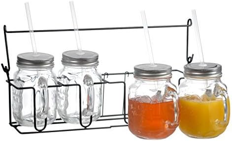 Zeesline Set of Four (4) 16-oz Clear Glass Mason Jars Mugs with Handles, Metal Lids and Drinking Straws, Including Caddy Holder with a Handle, Home and Party Drinkware Set