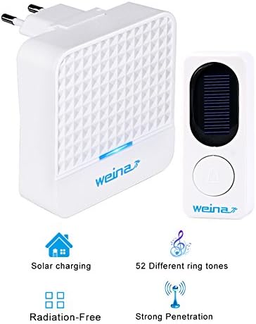 Solar Wireless Doorbell WEINAS® Waterproof Doorbell Doorbell 1 Transmitter and 1 Receiver, 300m Range, 4 Volume Levels Adjustable, Color White (1 Push Button + 1 Receiver)