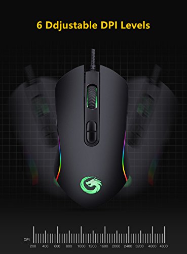 AhaSky Raton Gaming  Raton USB 4800DPI  6 Programable Botones  4 Modos de LED luz para Gamer de Alta Precisi  n con Niveles 6 DPI Ajustable  Raton Ordenador Portatil  Compatible con Windows 7  8  10 Windows XP  Vista  ME  2000 y Mac OS