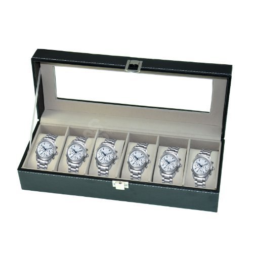 Watch Box Large Men's Black Leather Display Glass Top Jewelry Case Organizer (6 Watch)