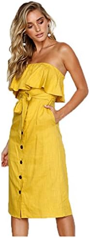 Ladies' Fashion Off Shoulder Hem Ruffle Button Front A Line Casual Dress with Belt Yellow-M