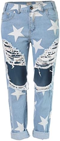Byjia Jeans High Waisted Women Denim Holes Loose Straight Star Printing Nine Pants Disco Stretchy Zipper Pocket Knee Ripped Frayed Trouser . Light Blue . 42