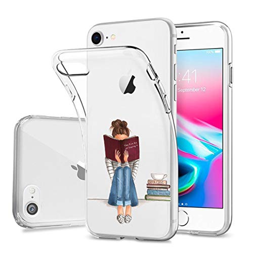 AIsoar ® Case iPhone 7,iPhone 8 Coque de Protection Transparente Silicone Antichoc TPU Ultra Mince arrière Résistant aux Rayures Housse Panda Couverture (Fille Littéraire)