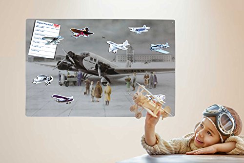 Magnettafel Flugzeug – Historische Design Metall Magnetpinnwand 60×40 cm – Memoboard Pinnwand mit Motiv: Flugzeug Junkers JU 52 – inkl. 8 Magnete Flugzeuge für Magnetwand – Original GUMA Magneticum® - 2