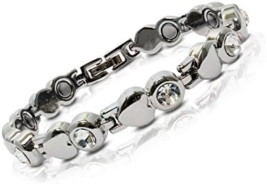 Ladies Stylish Magnetic Therapy Bracelet. Silver Colour with Hearts Design and Clear Gem Stones, for Menopause, Hot Flushes, Menstrual Pain, Emotional Stress, Arthritis, Joint &amp; Muscle Pain, Contains 9 Maximum Strength Magnets. Perfect Mothers Day, Birthday, Valentines Gift. Magnetic Bracelets, Magnetic Therapy, Magnetic Field Therapy at its best.. Free Delivery to UK By Royal Mail.