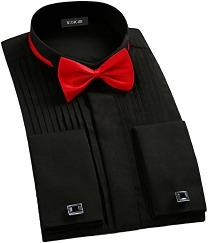 NIDICUS Men Tailored Slim Fit French Cuff Wing Tip Tuxedo Shirt With Bow Tie Black XS