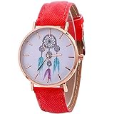Babysbreath17 Frauen rundes Zifferblatt Quarz-Uhr mit eindeutigem Zeiger Denim-Bügel Wind Bell Mustern Armbanduhr Geschenke rot