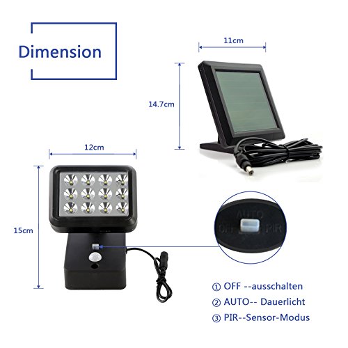OUBO LED Solarleuchten mit Bewegungsmelder Solarlampe 12 LEDs 300 LM, 2 Modi, für Garten, Patio, Zaun, Hof, Balkon, Terrasse, Haus, Auffahrt Dämmerungsschalter IP44 Energiesparend schwarz - 3