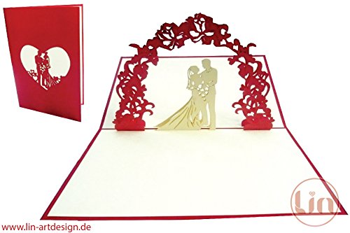LIN-POP UP Karte Hochzeitskarten, Hochzeitseinladungen, 3D Karten Grußkarten Hochzeit, Hochzeitsglückwunsch, Brautpaar unter Blumenbogen