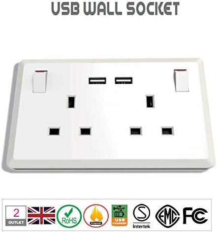 Bestface® 2 Way UK Power Socket 13A 250V Switched Wall Socket with 2 USB Charging Ports 2A, 5V- White for iPhone, iPad, Samsung Etc.