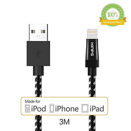 iPhone Ladekabel/Datenkabel, Kinps[Apple MFi Zertifiziert] 3m Extralang 8 Nylon-Umwickeltes Lightning auf USB Kabel für iphone 7/7 Plus/6/6 Plus/5s/5c/5,iPad,iPad mini/Air.(Schwarz)