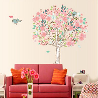 SMARTLEGEND Abnehmbare Wandsticker Wandtattoo Wandaufkleber Größe: 60cm*90cm Wohnzimmer Rosa Blumen Baum Vögel - 3