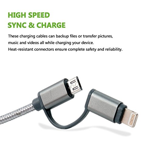 Ladekabel Micro USB Kabel Lightning Ladekabel [3Pack/1m] Syncwire Nylon geflochtenes 2 in 1 Kabel highspeed Kompatibel mit Apple und Android Geräten für iPhone 7/ 7Plus/ 6sPlus/ 6s, iPad/ iPod, Samsung, Huawwei ,HTC und mehr – Silber - 3