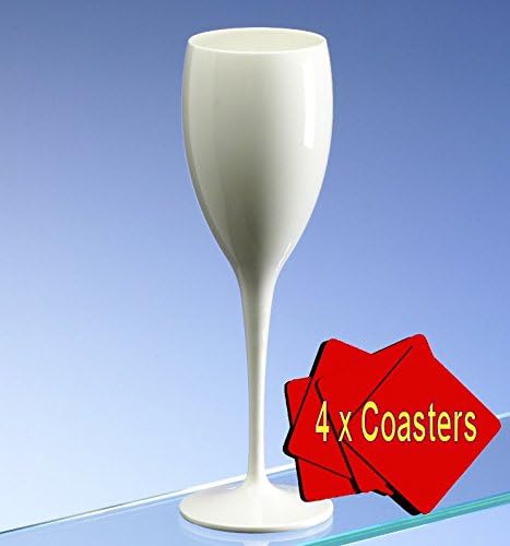 White Champagne Flutes. Unbreakable Polycarbonate. Capacity 180ml/6oz. Offer Pack of 12 glasses with 4 x AIOS drinks mats. As seen on Love Island (ITV)