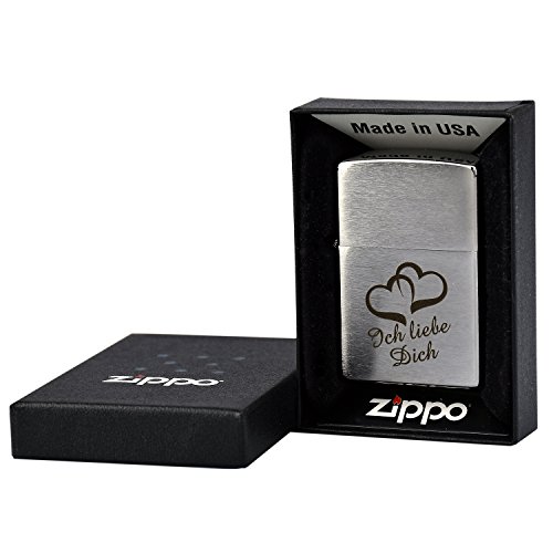 Zippo mit Gravur „Ich liebe Dich“ und 2 Herzen auf Chrome brushed Benzinfeuerzeug - 2