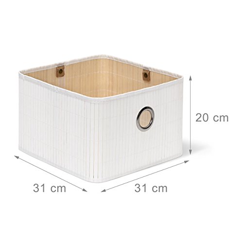 Relaxdays Aufbewahrungskorb Bambus H x B x T: ca. 20 x 31 x 31 cm Regalkorb für Regal und Schrank mit abnehmbarem Stoffbezug als dekorative Aufbewahrungsbox mit Griff und Stauraum zum Falten, weiß - 2