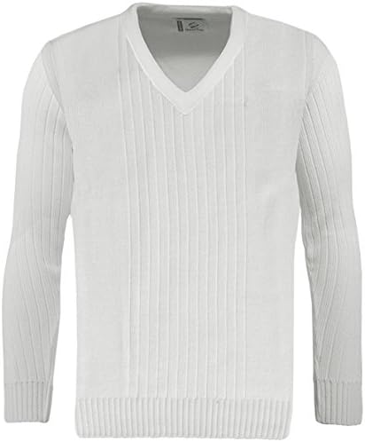 Mens Premium Ribbed V Neck White Jumper - Bowls Golf Cricket