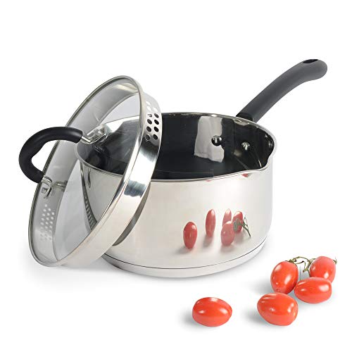 ProCook Gourmet Stainless Steel - Grande Casserole Induction 20cm INOX 18/10- Becs Verseurs - avec Couvercle Passoire Verre Trempé - Poignée Silicone Isolant - 20 cm / 3,3 l